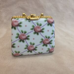 Vintage Ceramic Porcelain Trinket Box Purse Flowers and Gold Accents